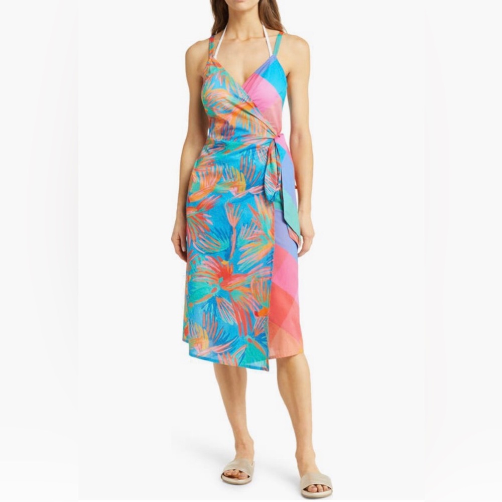 NWT $165 FARM Rio Painted Birds Cotton Cover-Up Dress, BLUE MULTI, Large!